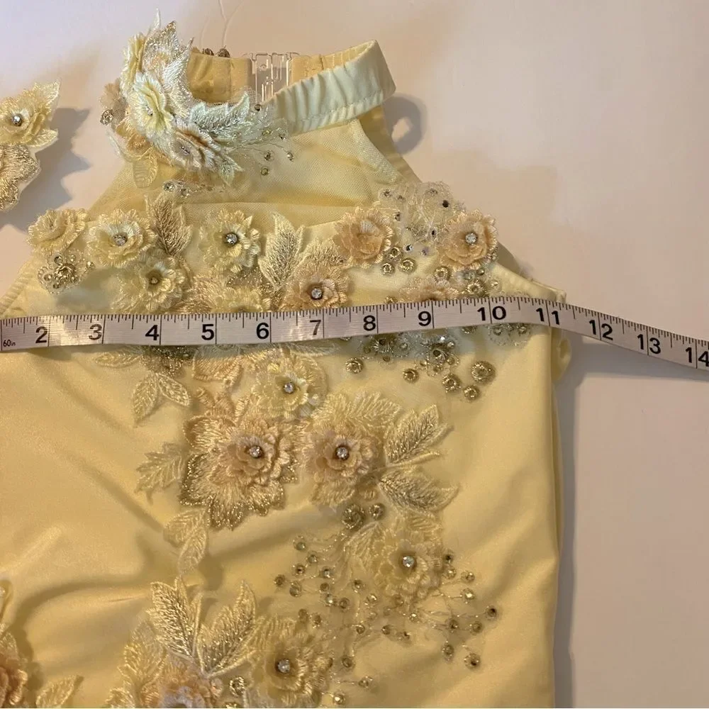 Glamour solo dance costume leotard pale yellow embellished rhinestone lace MC